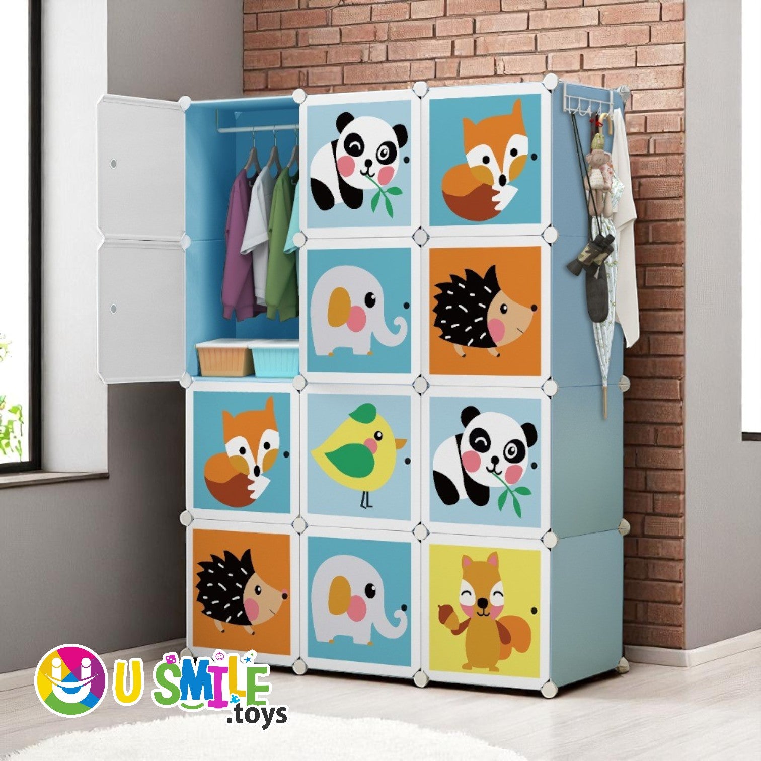 U Smile Toys children's modular closet (105x36x140 CM), ideal for organizing clothes and toys in a nursery or kid's room. www.usmile.toys